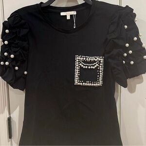 Pastels Black Pearl-Embellished Short Sleeve Top